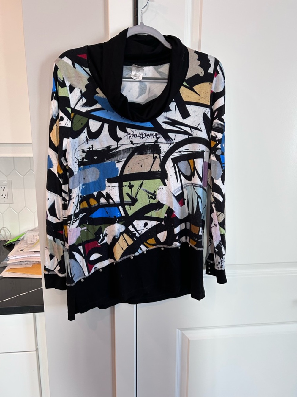 Simply By Dolcezza Abstract Art Graphic 3/4 Sleeve Top Artistic Eclectic Chic